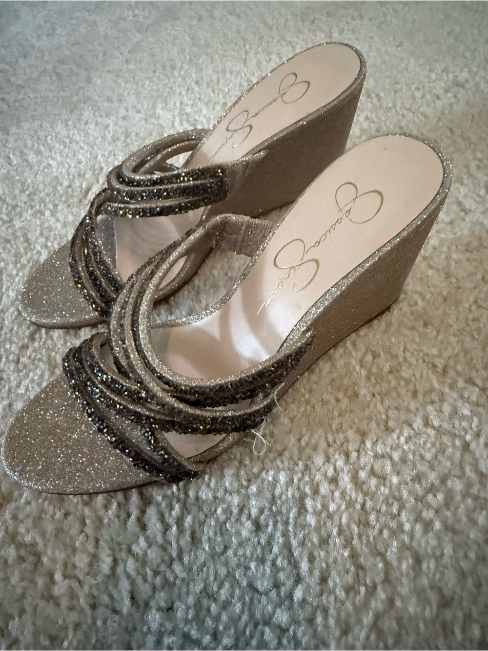 NEW Jessica Simpson Champagne Glitter Multi-Strap Wedges - Picture 4 of 9